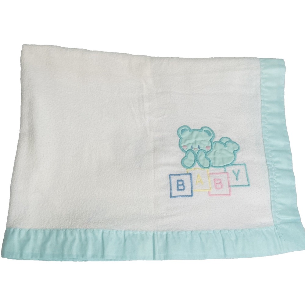 Vintage Cuddle Time Baby Blanket Bear Building Blocks Applique White Aqua Trim